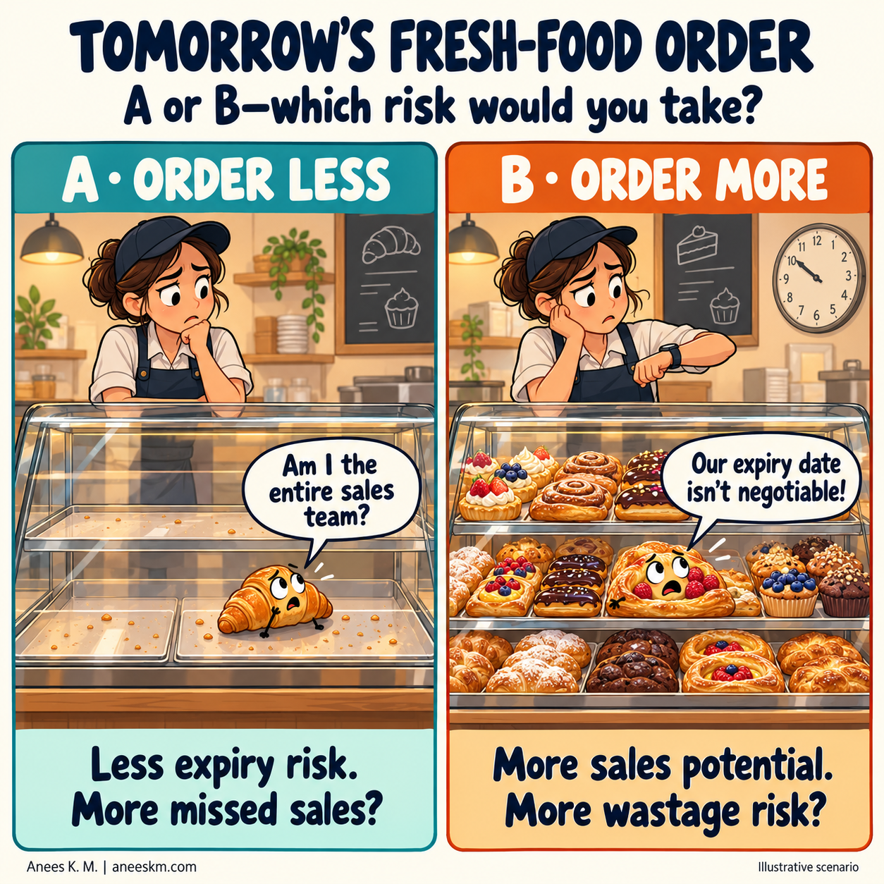 Two-panel cartoon: A orders less, leaving one talking pastry; B orders more, with pastries worried about expiry. Which risk would you take?