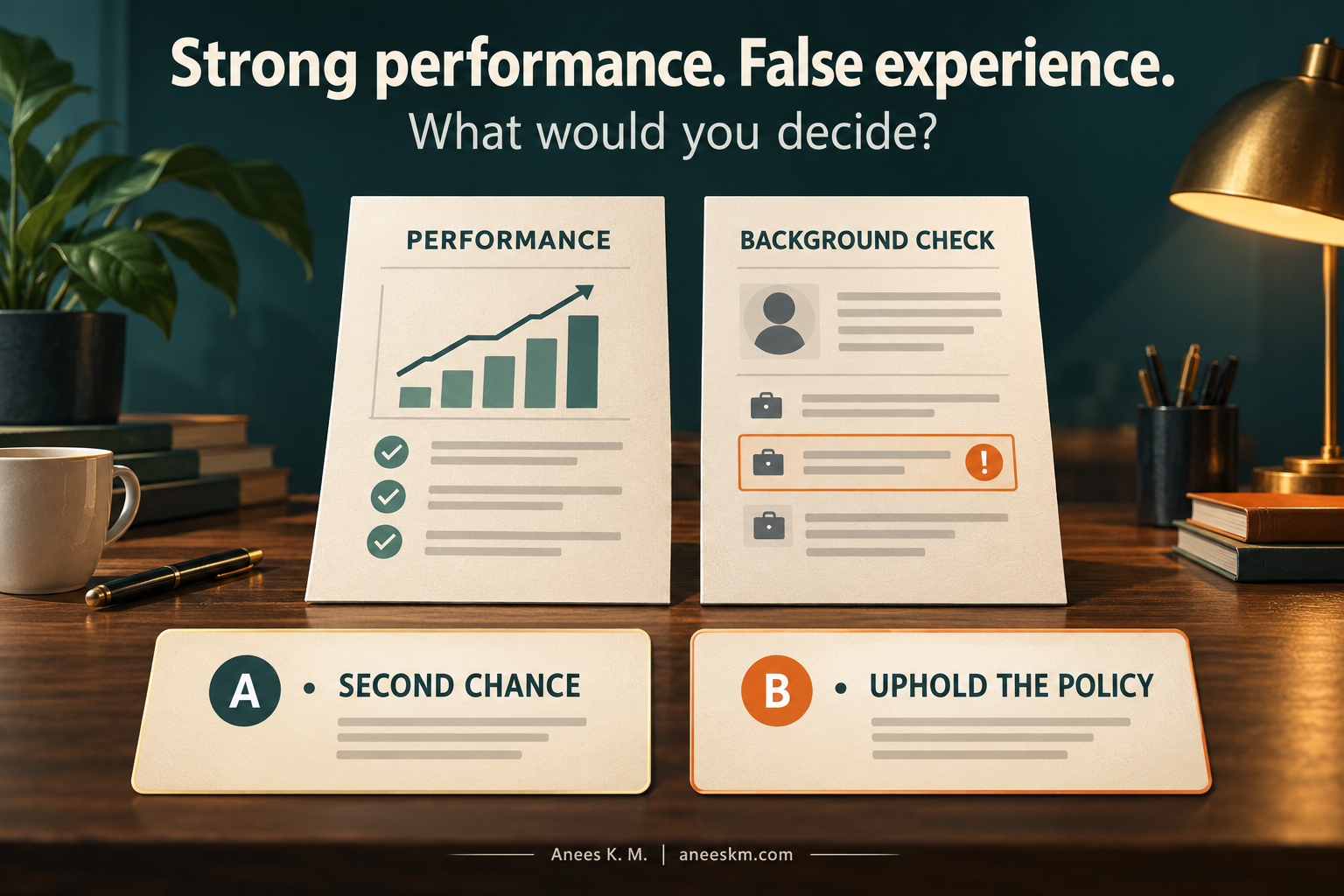 Illustration comparing strong employee performance with a background-check discrepancy, and the choice between a second chance and upholding company policy.