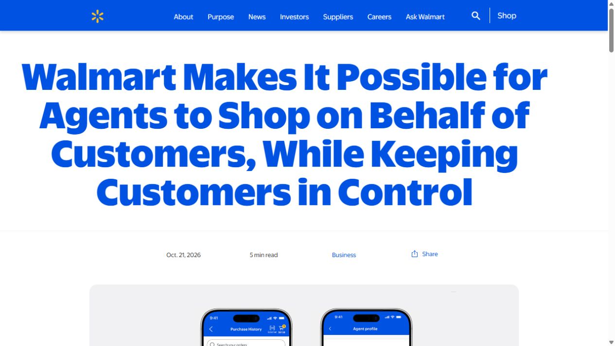 Walmart announcement about customer-controlled AI shopping agents, 21 October 2026
